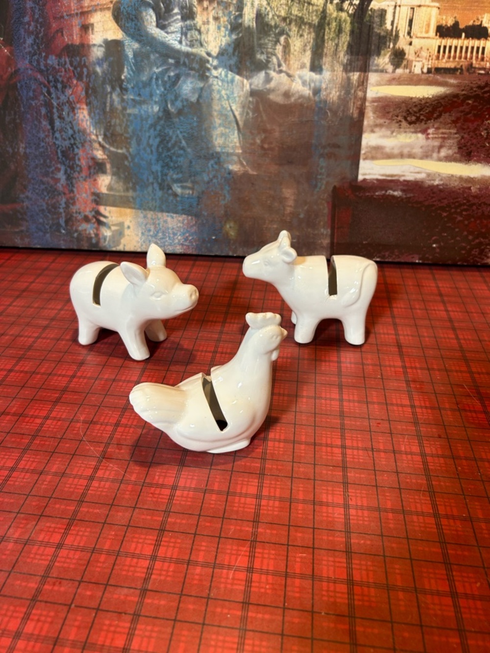 Farm animals Cow ,piggy , hen Ceramic Place Card Holder